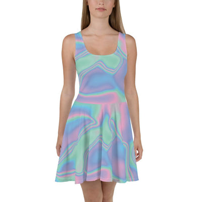 Pink Blue Holographic Iridescence Skater Dress - kayzers