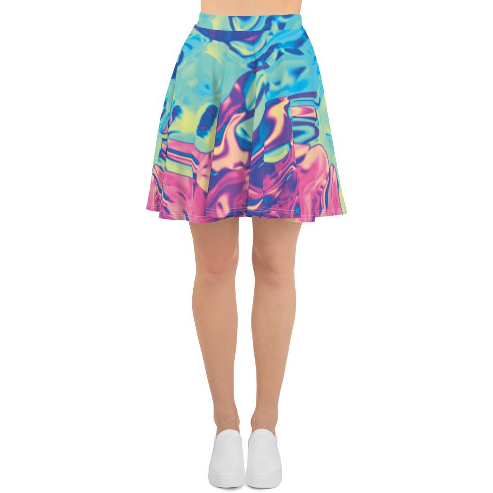Abstract Colorful Holographic Iridescence Skater Skirt - kayzers