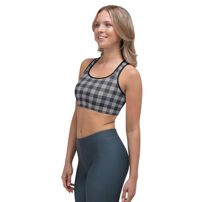 Black Grey Check Plaid Print Women's Sports bra - kayzers