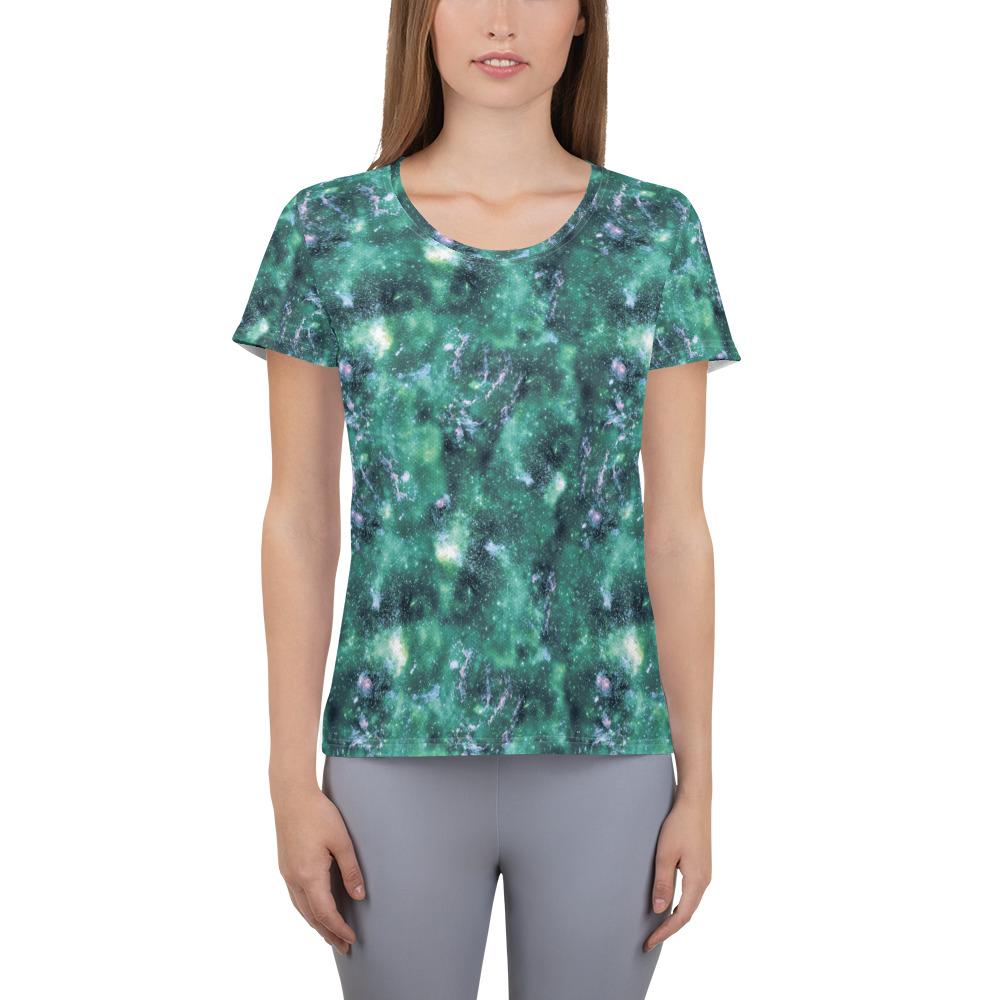 Faded Green Abstract Galaxy Alien Universe Marble Women's Athletic T-shirt - kayzers