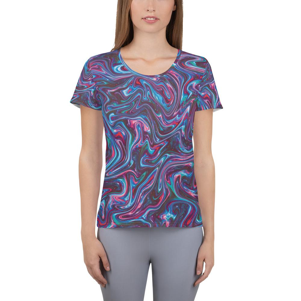 Red Blue Liquid Magma Plasma Psychedelic Swirls Trippy Print Women's Athletic T-shirt - kayzers