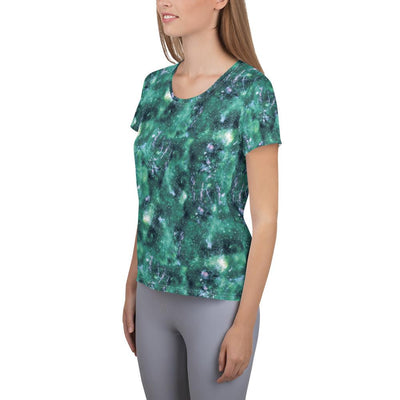 Faded Green Abstract Galaxy Alien Universe Marble Women's Athletic T-shirt - kayzers