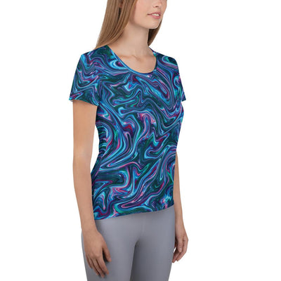 Blue Green Liquid Magma Plasma Psychedelic Swirls Trippy Print Women's Athletic T-shirt - kayzers