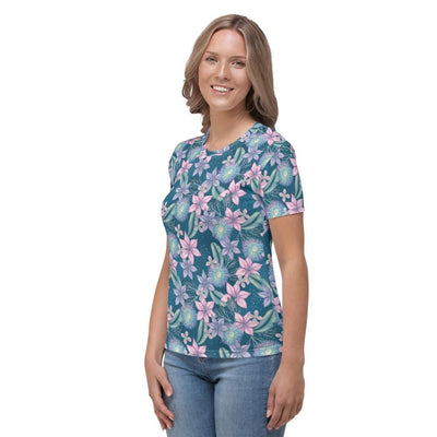 Teal Underwater Ocean Floral Flowers Print Women's T-shirt - kayzers