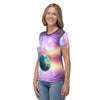 Aurora Sky Floating Earth On Lake Print Women's T-shirt, Northern Lights Fantasy Earth Lake Women's T-shirt - kayzers