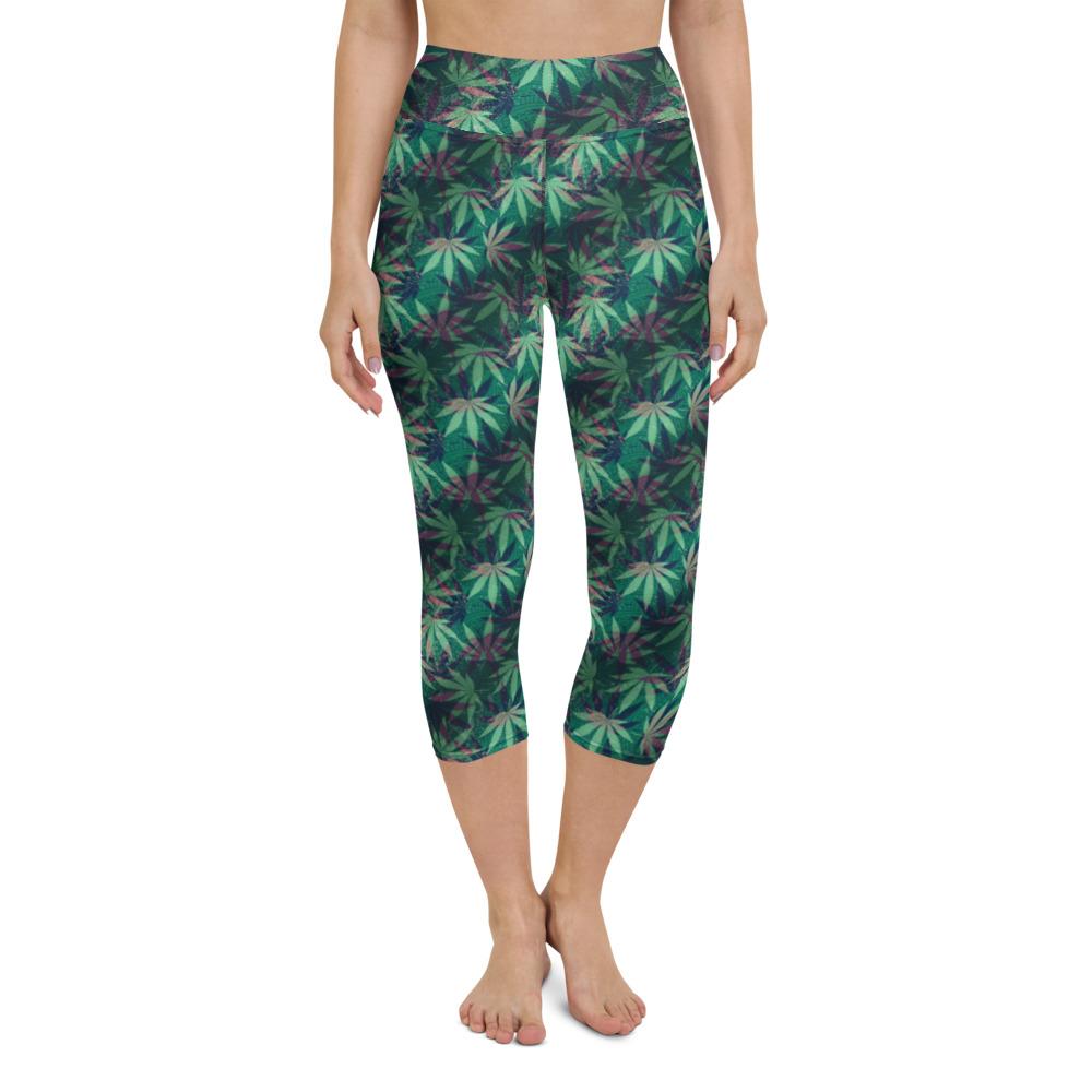 Weed Hemp Marijuana Cannabis Leaf Leaves Pattern High Waist Capri Leggings - kayzers
