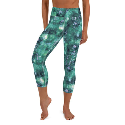 Emerald Green Faded Abstract Galaxy Marble Women's Yoga Capri Leggings, High Waist Capri Leggings - kayzers