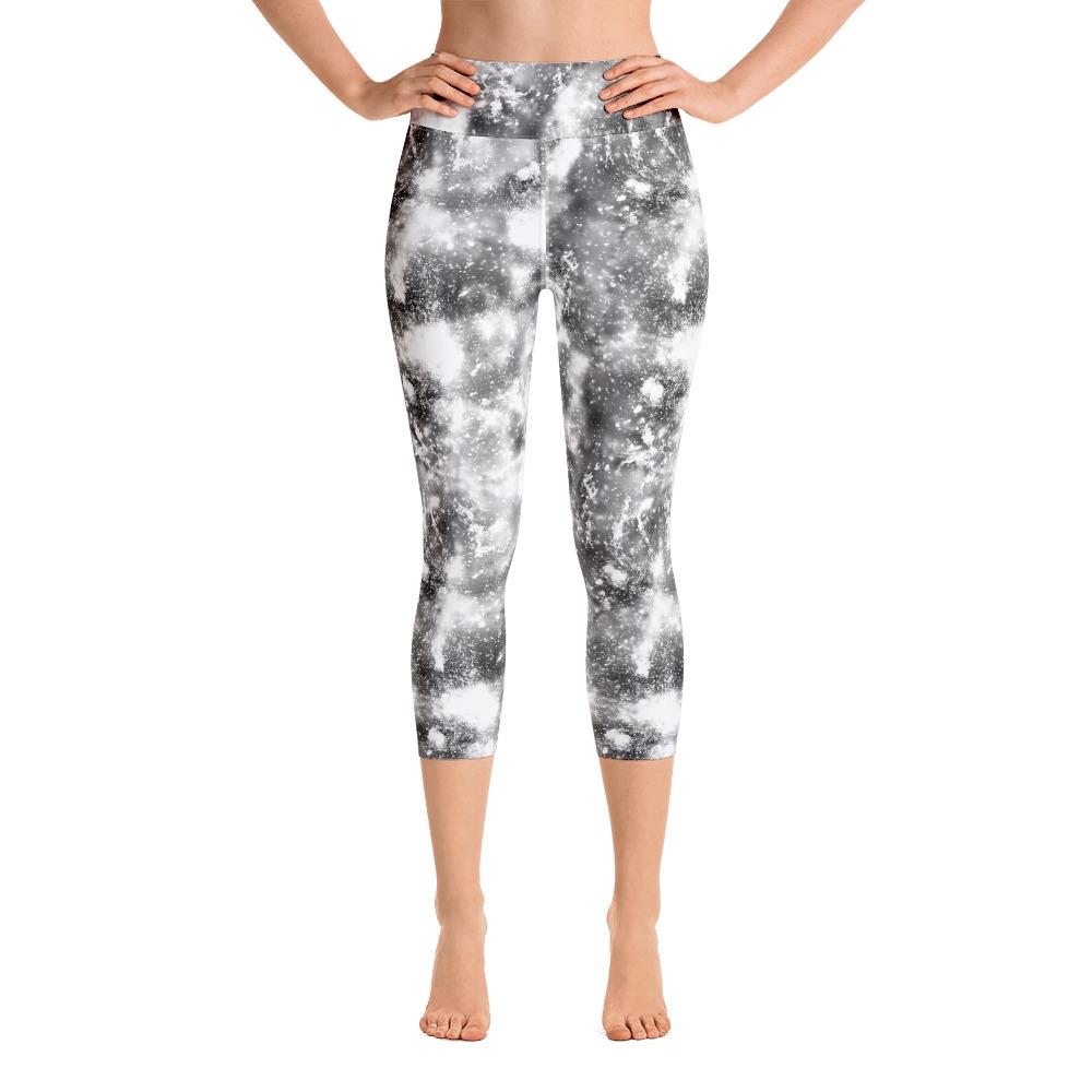 Black Grey Abstract Galaxy Marble Texture Print Women's Yoga Capri Leggings, High Waist Stretchable Yoga Capri Leggings - kayzers
