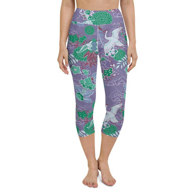 Purple Green Oriental Japanese Waves Floral Yoga Capri Leggings - kayzers