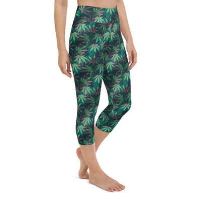 Weed Hemp Marijuana Cannabis Leaf Leaves Pattern High Waist Capri Leggings - kayzers