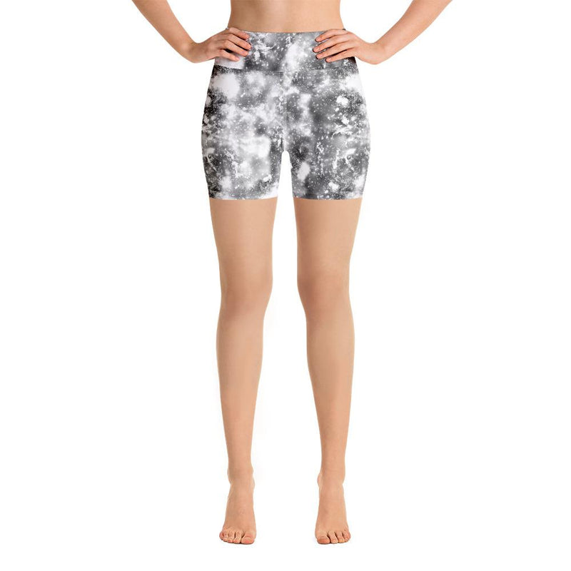 Black Grey Abstract Galaxy Marble Texture Print Women's Yoga Shorts, Black And White High Waist Yoga Shorts - kayzers