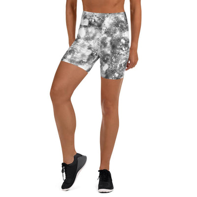 Black Grey Abstract Galaxy Marble Texture Print Women's Yoga Shorts, Black And White High Waist Yoga Shorts - kayzers