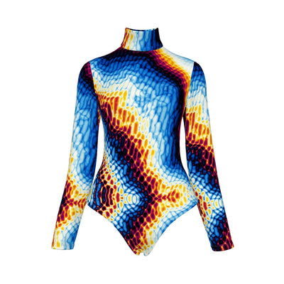 Abstract Marble Print Psychedelic Women's Turtleneck Long Sleeve Bodysuit