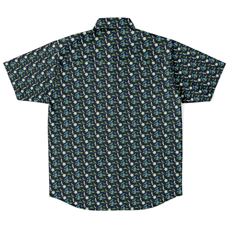 Blue Floral Flowers Print Men's Short Sleeve Button Down Shirt - kayzers