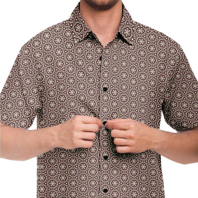 Coffee Brown Geometric Floral Print Men's Short Sleeve Button Down Shirt - kayzers