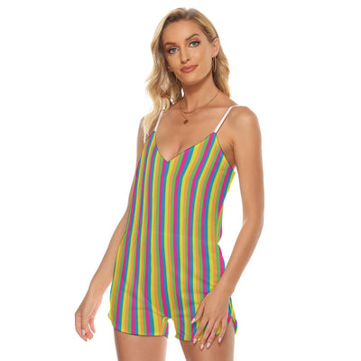 Colorful Striped Print Women's V-neck Cami Romper, Bikini Swimsuit Cover Up