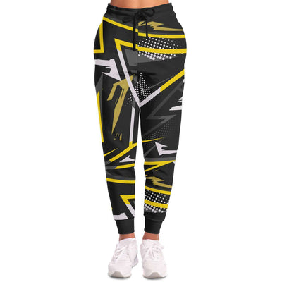 Black Yellow Abstract Geometric Unisex Fleece Fashion Joggers - kayzers