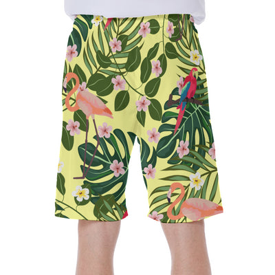 Yellow Floral Tropical Palm Leaves Macaw Flamingo Print Men's Beach Hawaiian Shorts - kayzers