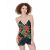 Tropical Exotic Red Flowers Floral Print Jumpsuit Romper Women's Suspender Shorts