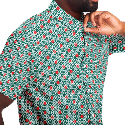 Red Emerald Green Floral Geometric Print Men's Short Sleeve Button Down Shirt - kayzers