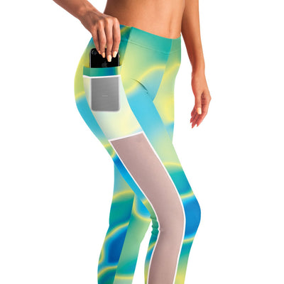 Blue Mint Green Abstract Holographic Iridescence Mesh Pocket Leggings - kayzers