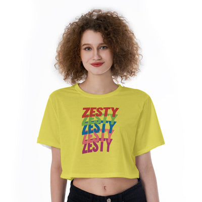 Lemon Yellow Zesty Print Cropped T-Shirt, Lemony Yellow Crop Top