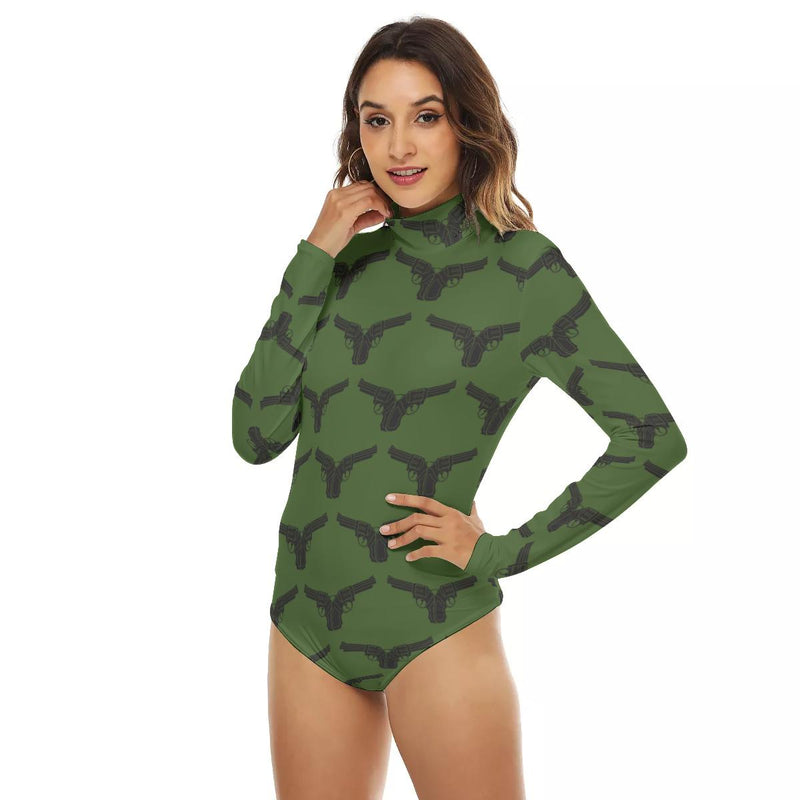 Army Green Crossed Guns Print Women's Turtleneck Long Sleeve Bodysuit