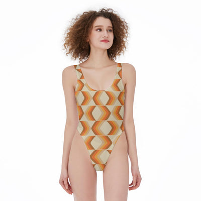 Orange Beige Retro 60's 70's 80's Hippie Print Women's High Cut One-piece Swimsuit
