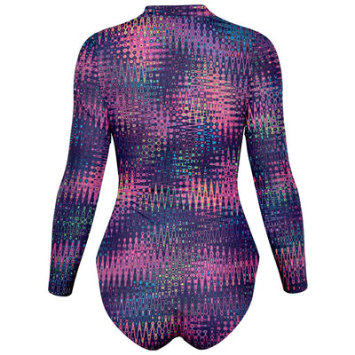 Abstract Intricate Colorful Cells Radio Synth Sound Gamma Waves Retro Geometric UV Protection Zipper Bodysuit - kayzers