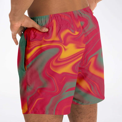 Red Liquid Abstract Sunset Paint Yellow Ombre Iridescence Fast Dry Swim Trunks Men's Shorts - kayzers