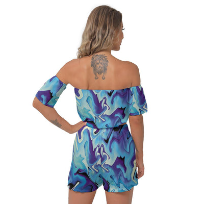 Blue Purple Liquid Paint Abstract Beach Psychedelic Print Women's Off-Shoulder T-Shirt Shorts Suit