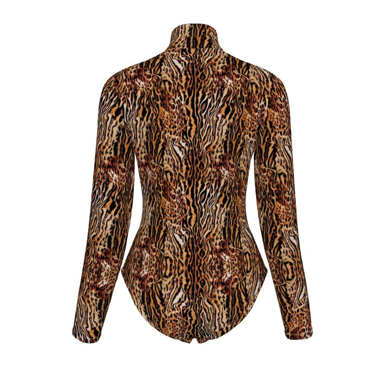 Tiger Leopard Animal Print Women's Turtleneck Long Sleeve Bodysuit