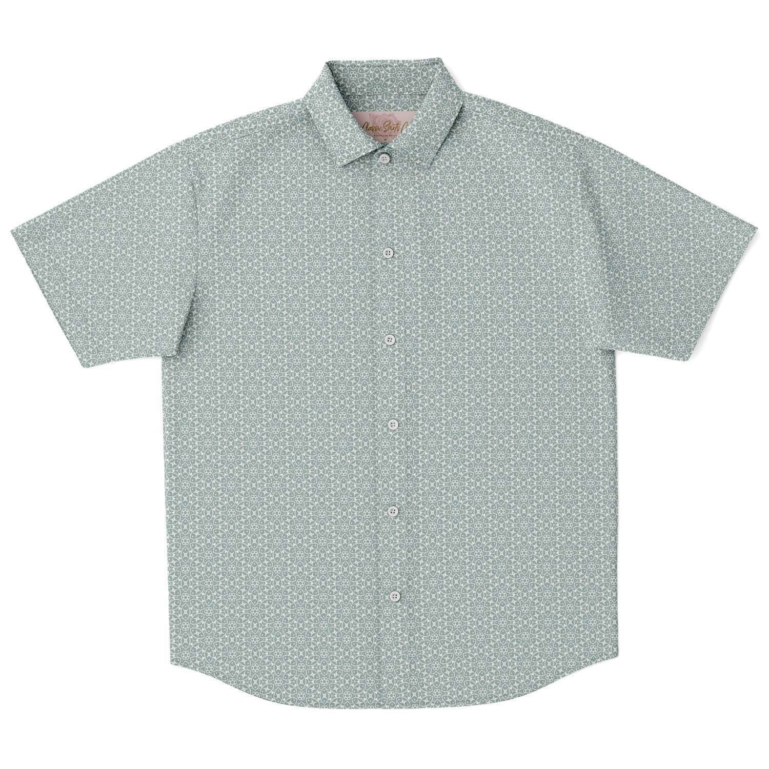 Sage Green Floral Geometric Print Men's Short Sleeve Button Down Shirt - kayzers