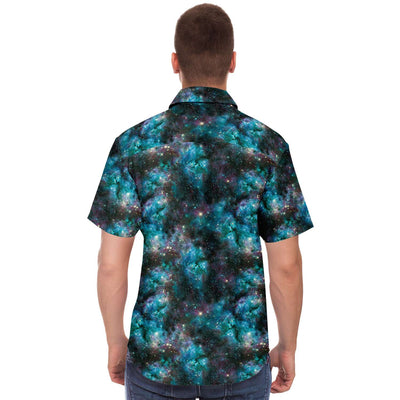 Blue Galaxy Space Stars Print Men's Short Sleeve Button Down Shirt - kayzers