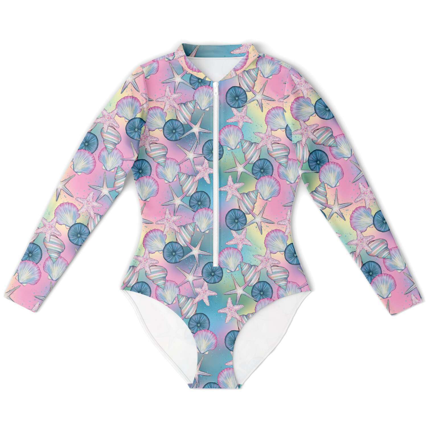 Sea shells Seashell Starfish Beach Tropical Ocean Pattern Print Long Sleeve Bodysuit With UV Protection - kayzers