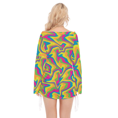 Liquid Paint Carnival Festival Dance Party Edm Twirls Waves Print Women's Off-shoulder Hip Skirt