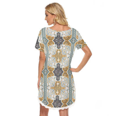 Silver Mustard Teal Bohemian Print Women's Dress With Lace Edge