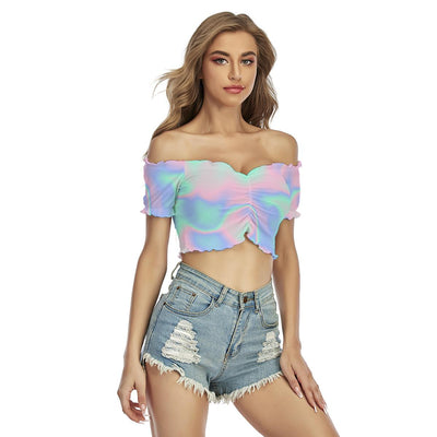 Cotton Candy Bubble Gum Abstract Iridescence Holographic Print Women's Off-Shoulder Blouse