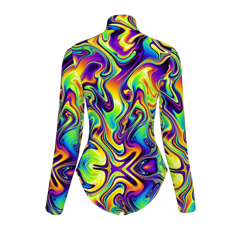 Liquid Paint Psychedelic Waves Swirls Lsd Dmt Festival Print Women's Turtleneck Long Sleeve Bodysuit