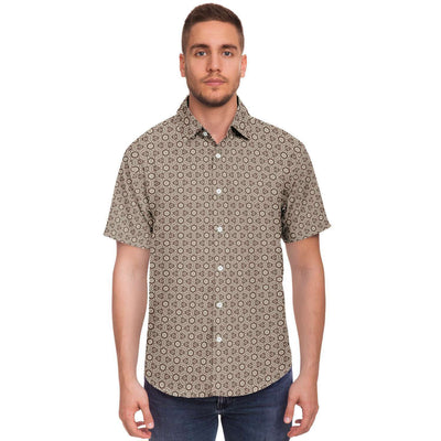 Khaki Brown Floral Geometric Print Men's Short Sleeve Button Down Shirt - kayzers