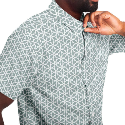 Silver Grey Geometric Floral Print Men's Short Sleeve Button Down Shirt - kayzers