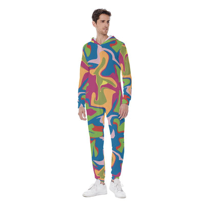 Colorful Urban Camo Abstract Shapes Liquid Paint Effect Red Green Blue Print Men's Hooded Jumpsuit