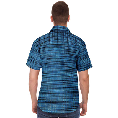 Abstract Plaid Geometric Grungy Lines Blue Black Shades Faded Fine Art Print Designer Men's Button Down Shirt - kayzers