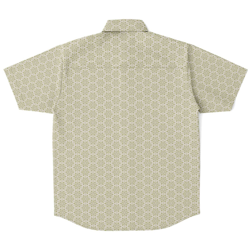 Light Lime Green Floral Geometric Print Men's Short Sleeve Button Down Shirt - kayzers