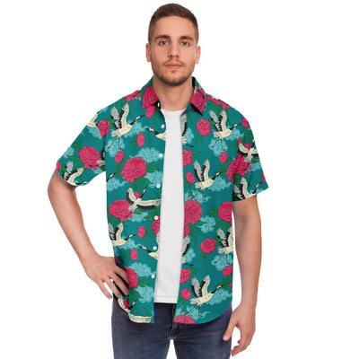 Teal Tropical Cranes Chrysanthemum Flower Floral Beach Style Men's Button Down Shirt, Hawaiian Beach Shirt - kayzers