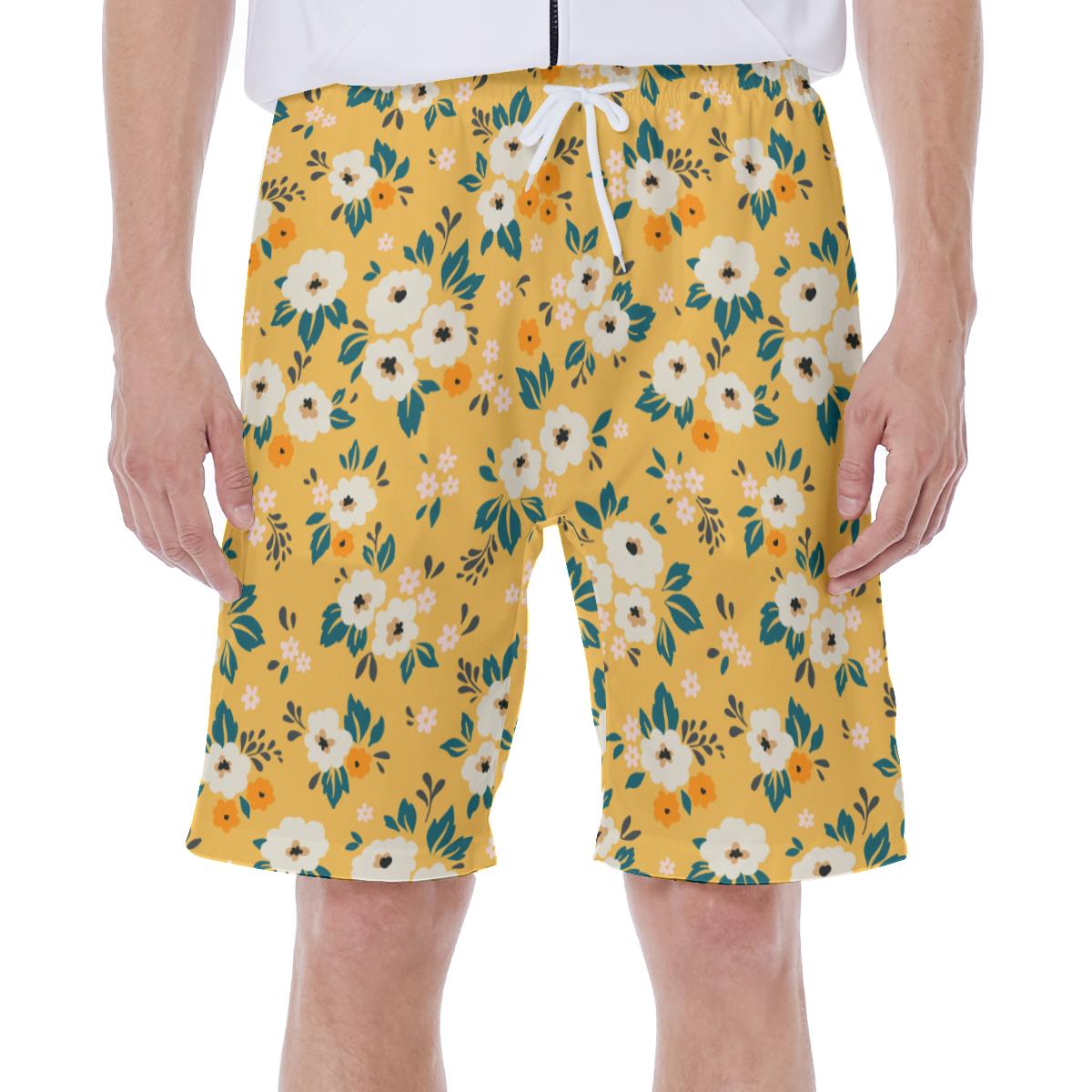 Yellow Tropical Floral Beach Print Men's Beach Shorts