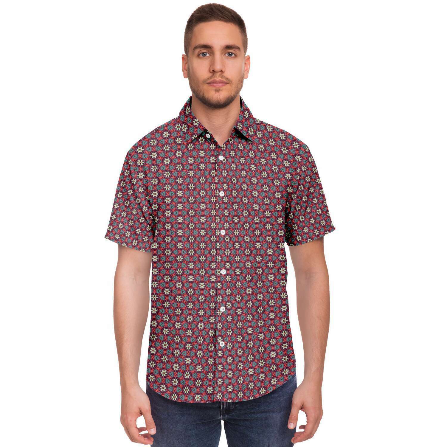 Red Teal Floral Geometric Men's Short Sleeve Button Down Shirt - kayzers