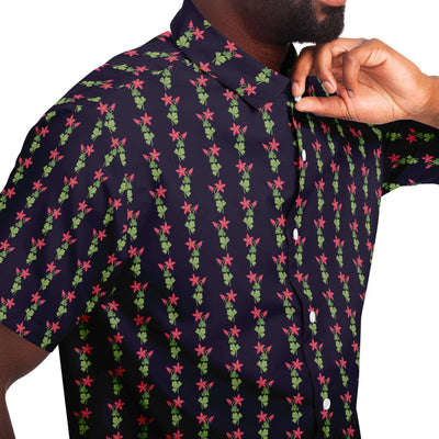 Black Green Red Floral Ornamental Print Men's Short Sleeve Button Down Shirt - kayzers