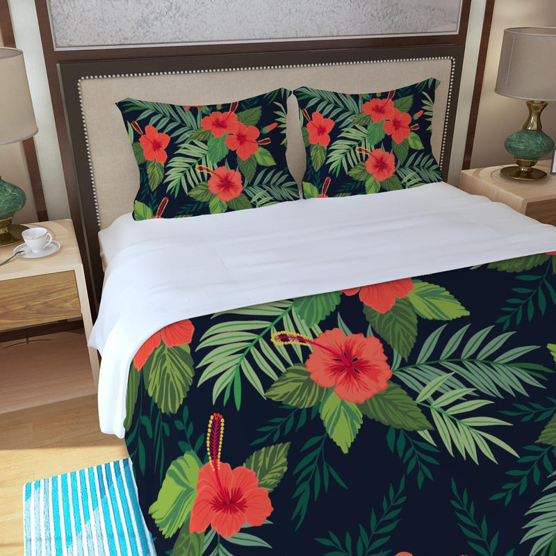 Tropical Palm Leaves Hibiscus Print Three Piece Duvet Cover Set