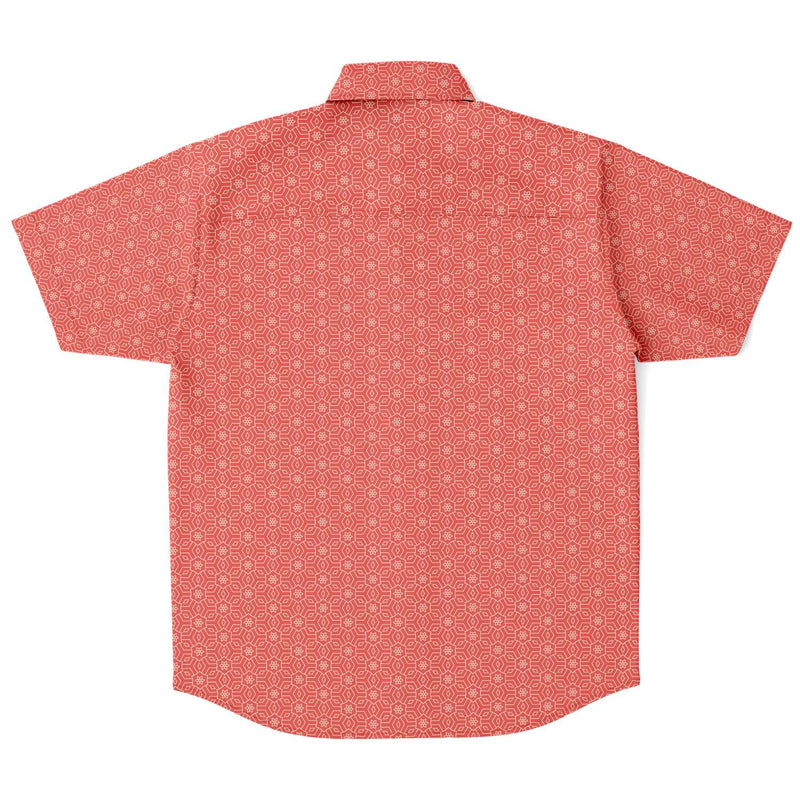 Tangerine Orange Floral Geometric Print Men's Short Sleeve Button Down Shirt - kayzers